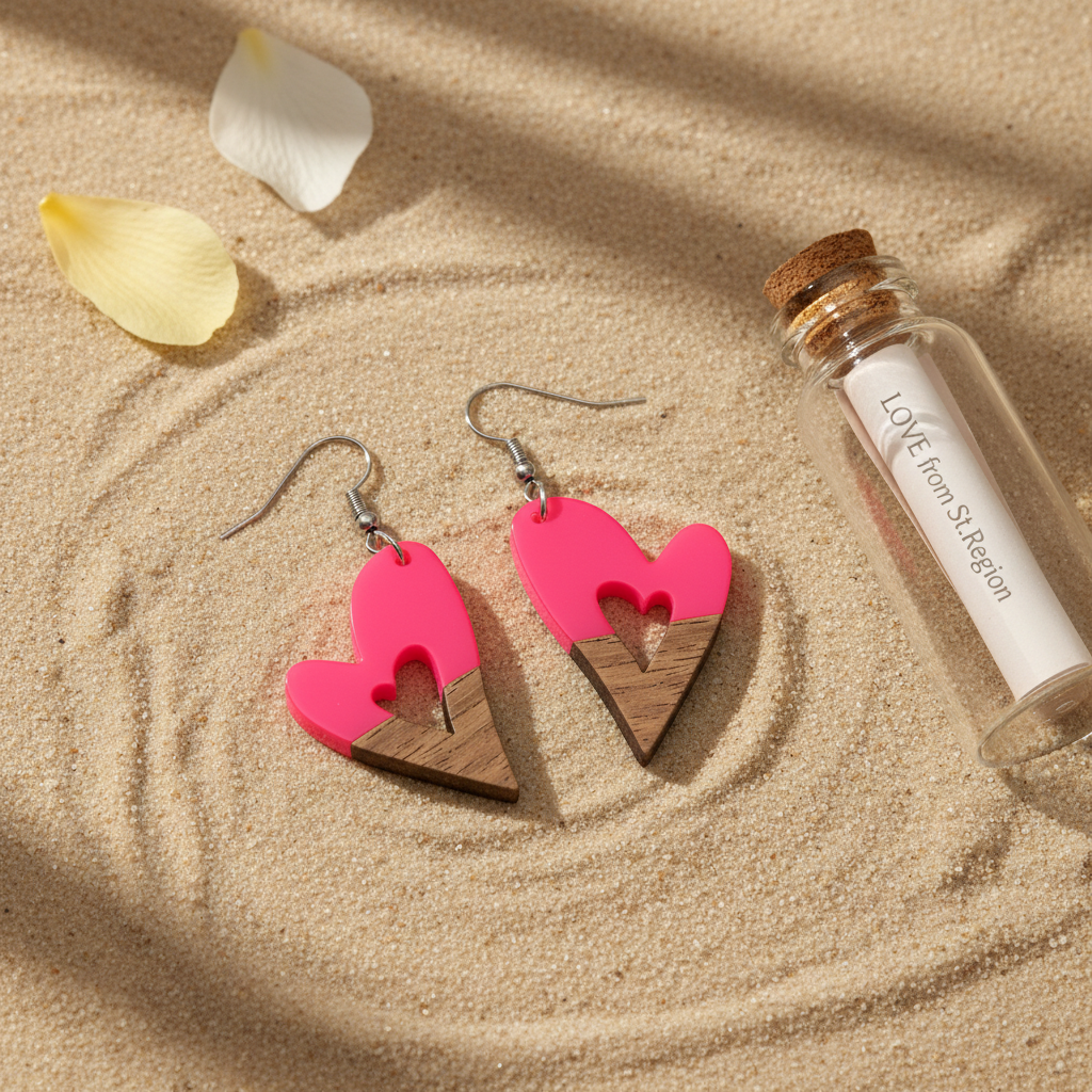 Rose Resin & Wood Silvertone Heart Hook Earrings - Street Region