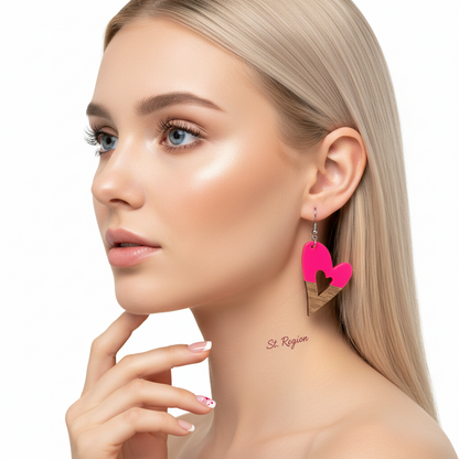 Rose Resin & Wood Silvertone Heart Hook Earrings - Street Region