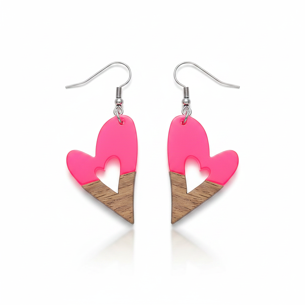 Rose Resin & Wood Silvertone Heart Hook Earrings - Street Region