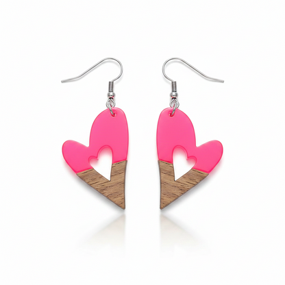 Rose Resin & Wood Silvertone Heart Hook Earrings - Street Region