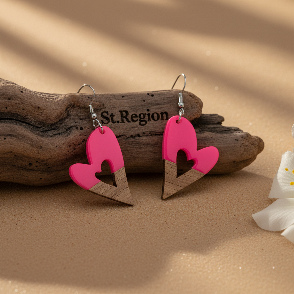 Rose Resin & Wood Silvertone Heart Hook Earrings - Street Region