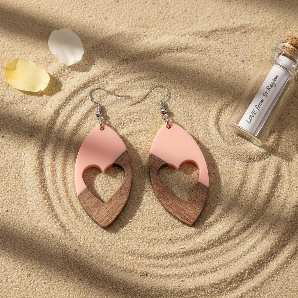 Pink Resin and Wood Silvertone Heart Leaf Hook Earrings, silver drop earrings for women, lifestyle look