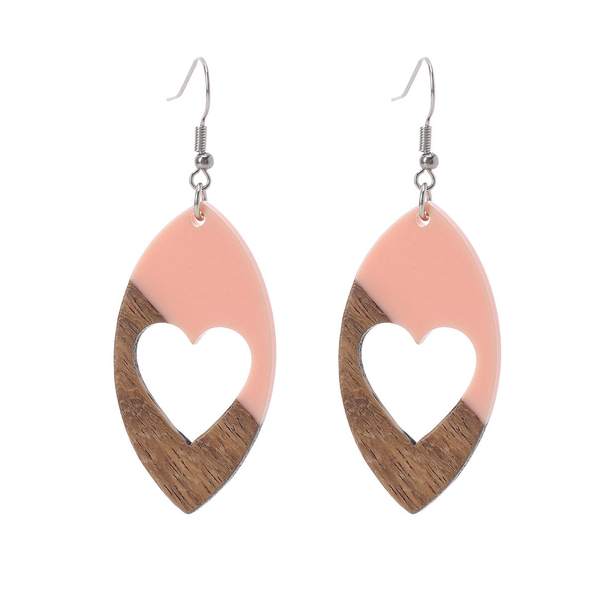 Pink Resin & Wood Silvertone Heart Leaf Hook Earrings - Street Region