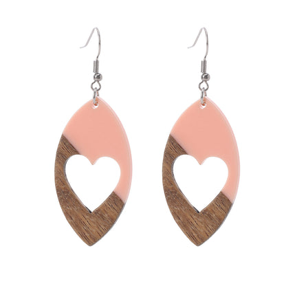 Pink Resin & Wood Silvertone Heart Leaf Hook Earrings - Street Region