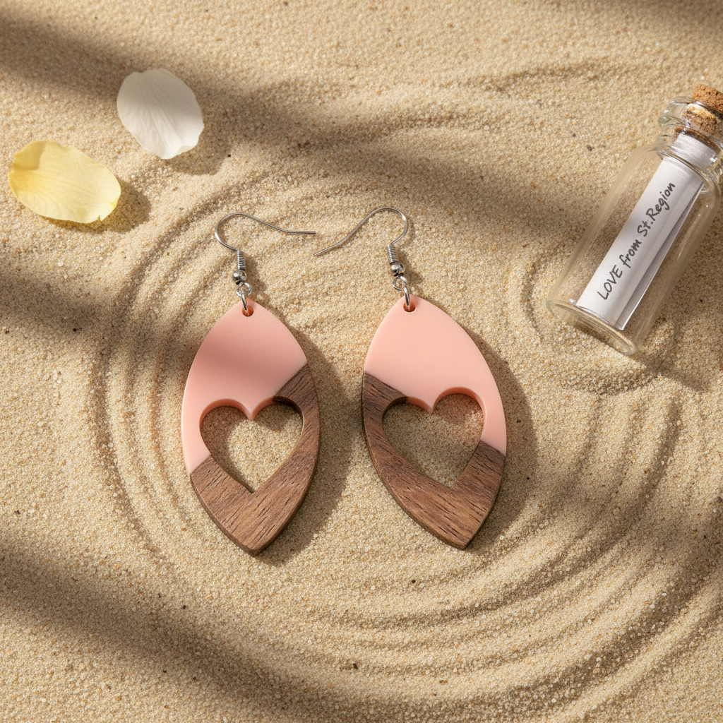 Pink Resin & Wood Silvertone Heart Leaf Hook Earrings - Street Region
