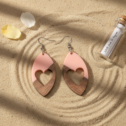 Pink Resin & Wood Silvertone Heart Leaf Hook Earrings - Street Region
