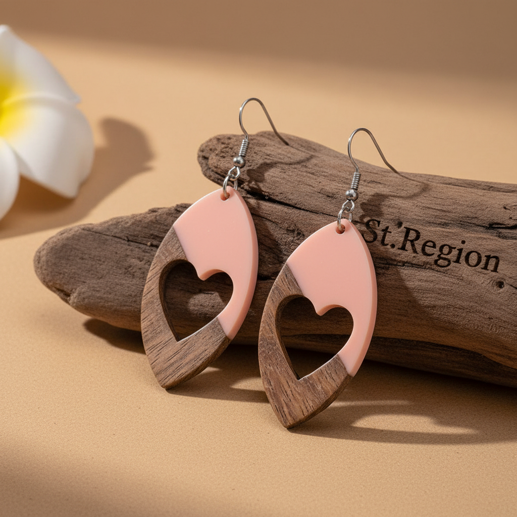 Pink Resin & Wood Silvertone Heart Leaf Hook Earrings - Street Region