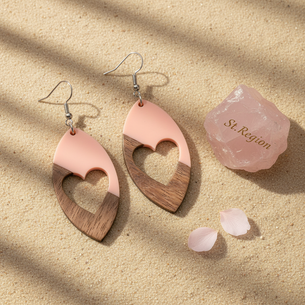 Pink Resin & Wood Silvertone Heart Leaf Hook Earrings - Street Region