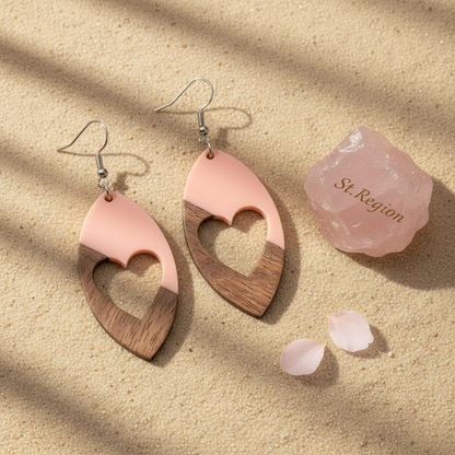 Pink Resin & Wood Silvertone Heart Leaf Hook Earrings - Street Region