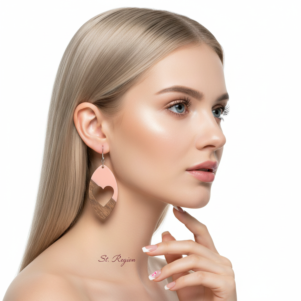 Pink Resin & Wood Silvertone Heart Leaf Hook Earrings - Street Region