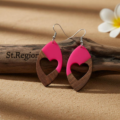 Rose Resin and Wood Silvertone Heart Leaf Hook Earrings, silver drop earrings for women, botanical inspired, front view
