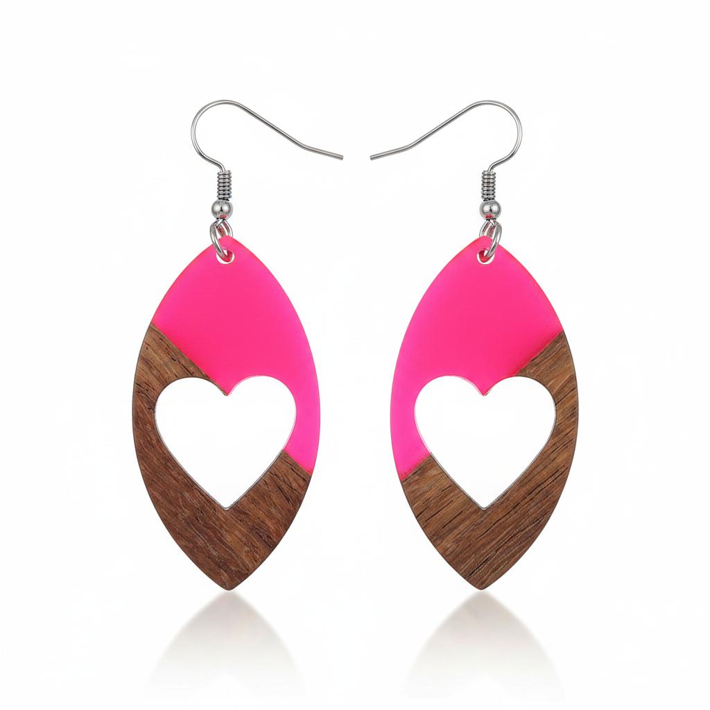 Rose Resin and Wood Silvertone Heart Leaf Hook Earrings, silver drop earrings for women, botanical inspired, side view