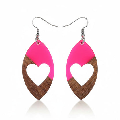 Rose Resin and Wood Silvertone Heart Leaf Hook Earrings, silver drop earrings for women, botanical inspired, side view