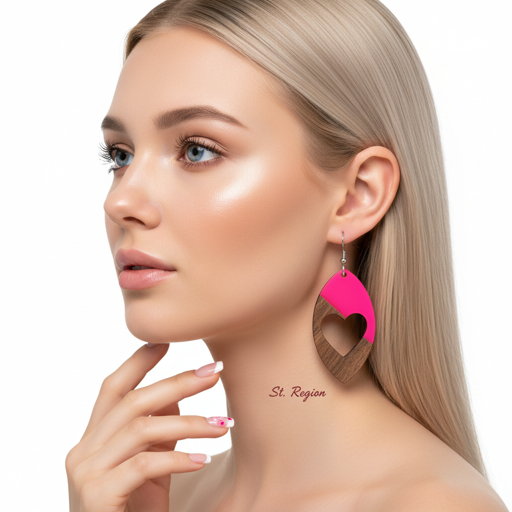 Rose Resin & Wood Silvertone Heart Leaf Hook Earrings - Street Region