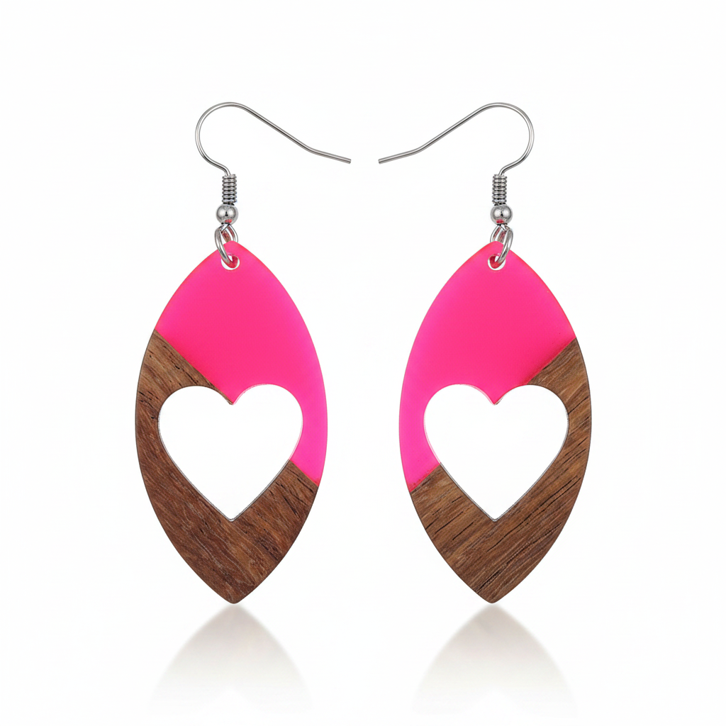 Rose Resin & Wood Silvertone Heart Leaf Hook Earrings - Street Region