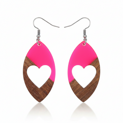 Rose Resin & Wood Silvertone Heart Leaf Hook Earrings - Street Region