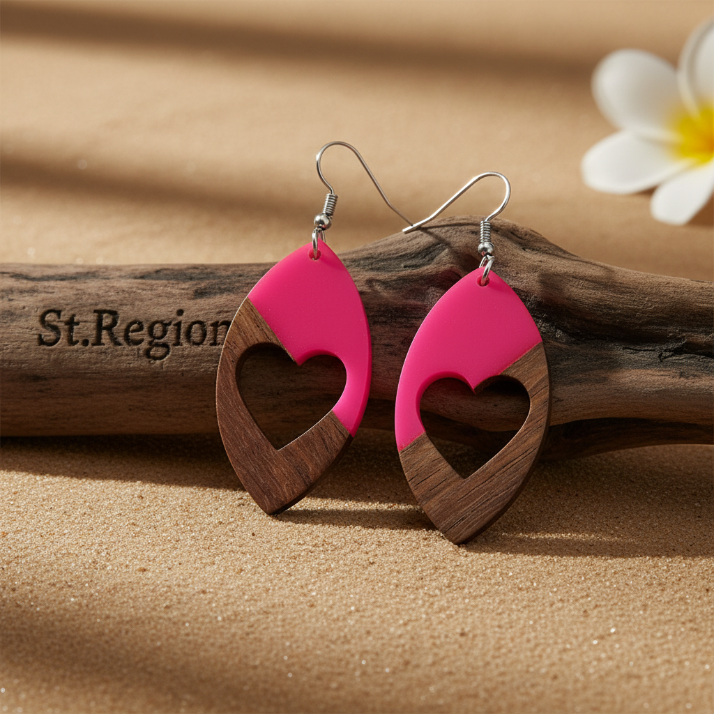 Rose Resin & Wood Silvertone Heart Leaf Hook Earrings - Street Region