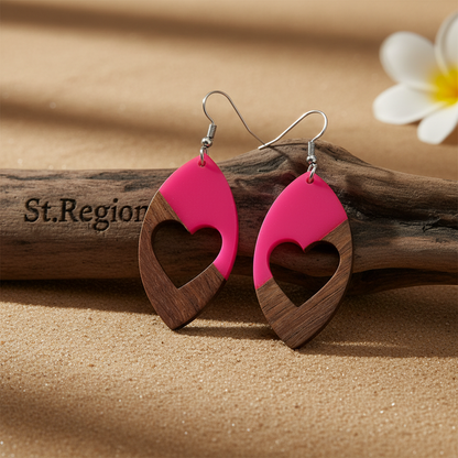 Rose Resin & Wood Silvertone Heart Leaf Hook Earrings - Street Region