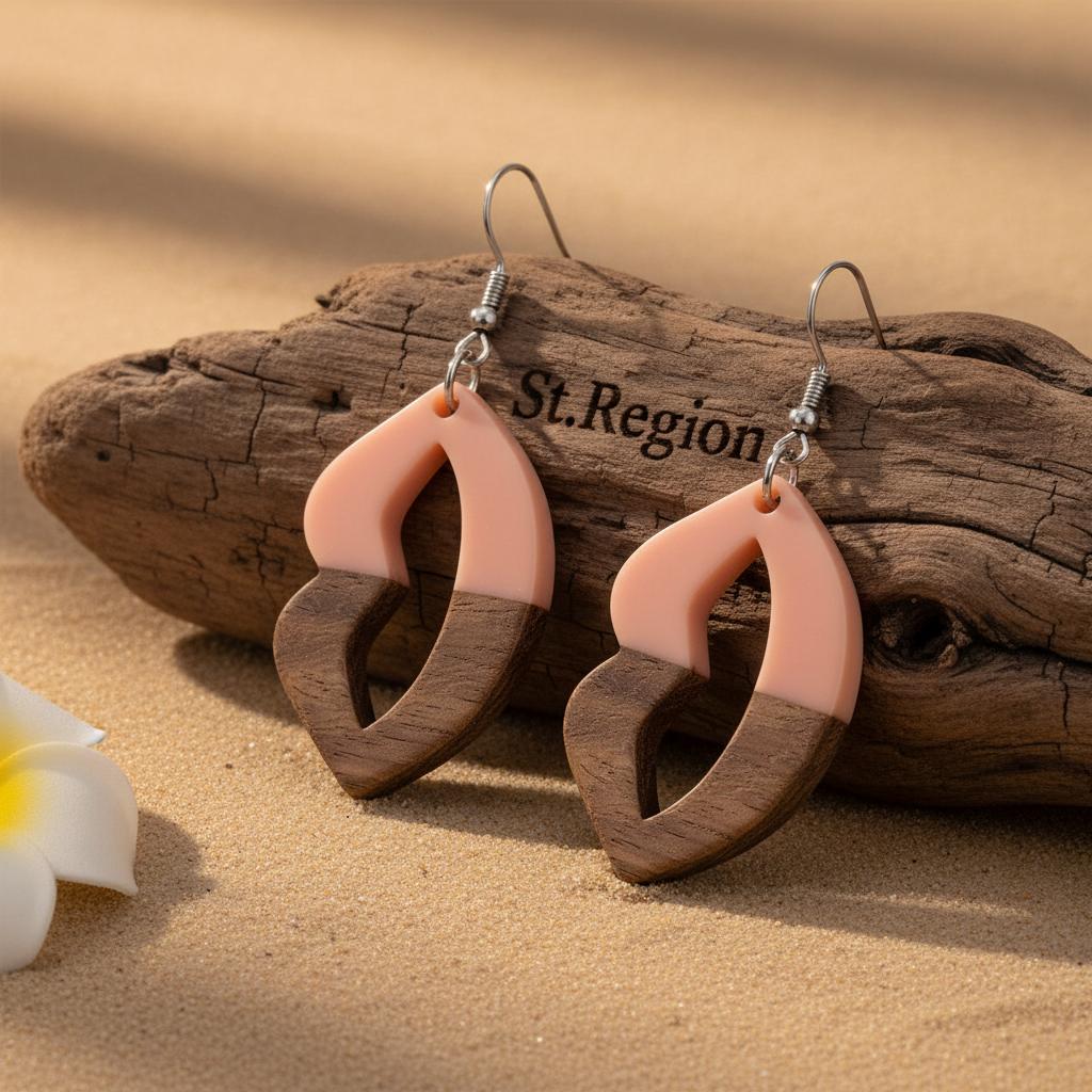 Pink Resin and Wood Silvertone Lips Hook Earrings, silver drop earrings for women, dainty minimalist design, front view