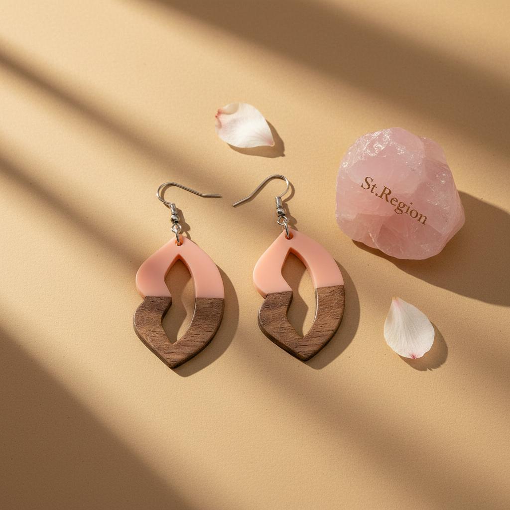 Pink Resin and Wood Silvertone Lips Hook Earrings, silver drop earrings for women, dainty minimalist design, detail close-up