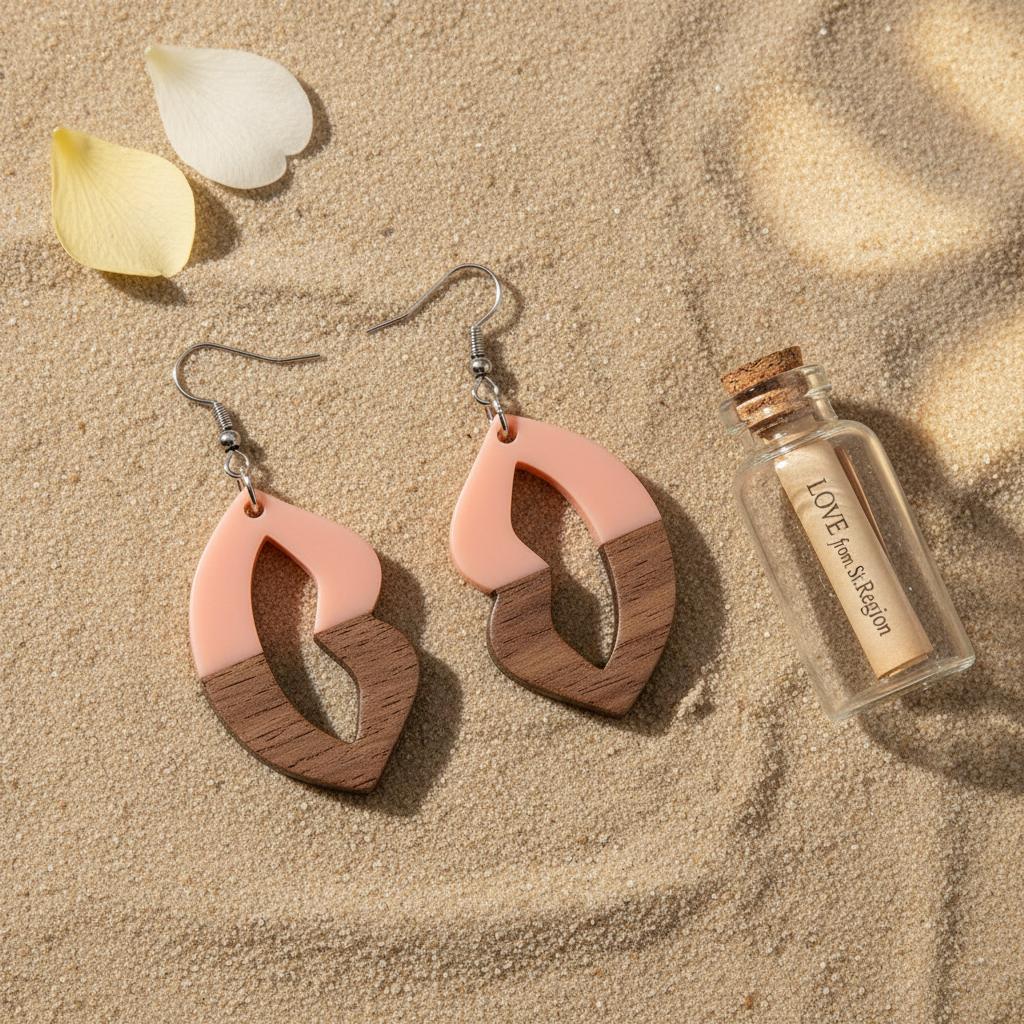 Pink Resin and Wood Silvertone Lips Hook Earrings, silver drop earrings for women, dainty minimalist design, lifestyle look