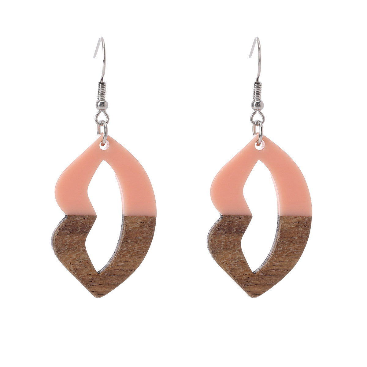 Pink Resin & Wood Silvertone Lips Hook Earrings - Street Region