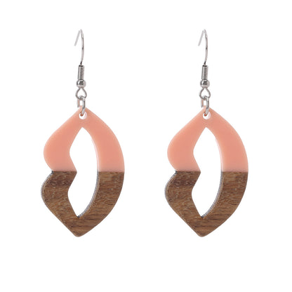 Pink Resin & Wood Silvertone Lips Hook Earrings - Street Region