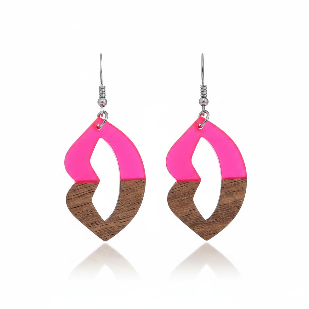 Rose Resin and Wood Silvertone Lips Hook Earrings, silver drop earrings for women, vintage-inspired design, side view
