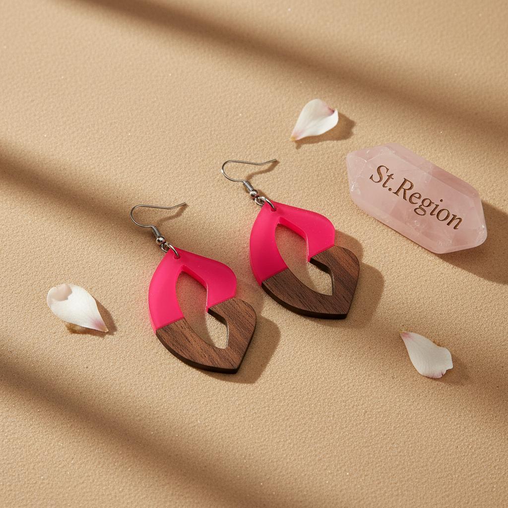 Rose Resin and Wood Silvertone Lips Hook Earrings, silver drop earrings for women, vintage-inspired design, detail close-up