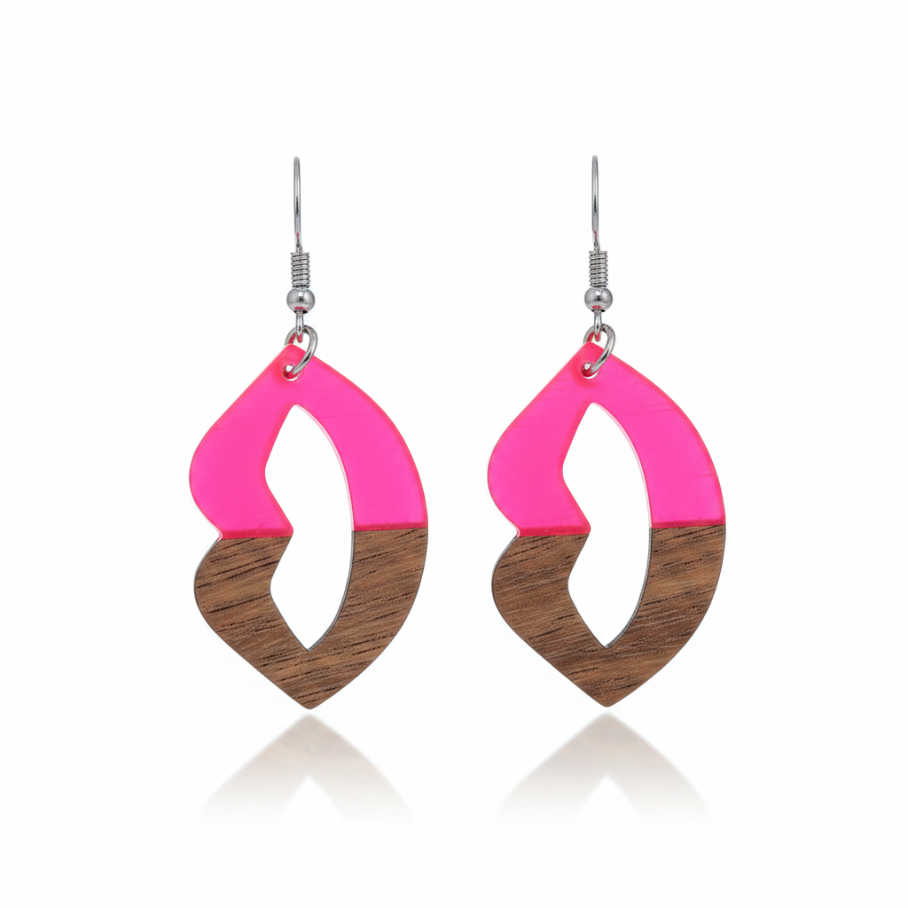 Rose Resin & Wood Silvertone Lips Hook Earrings - Street Region