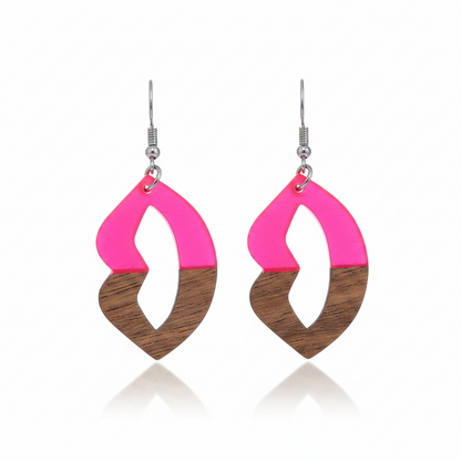 Rose Resin & Wood Silvertone Lips Hook Earrings - Street Region