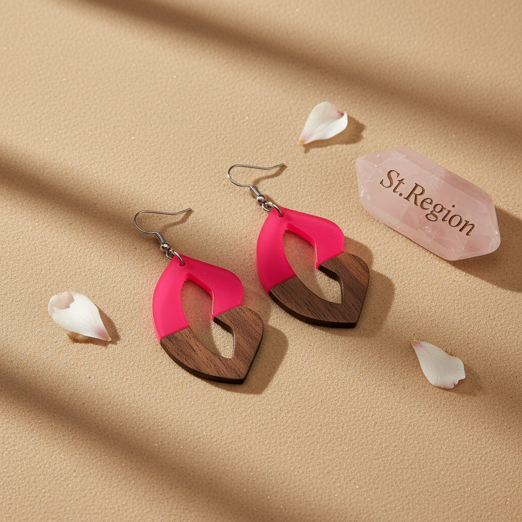 Rose Resin & Wood Silvertone Lips Hook Earrings - Street Region