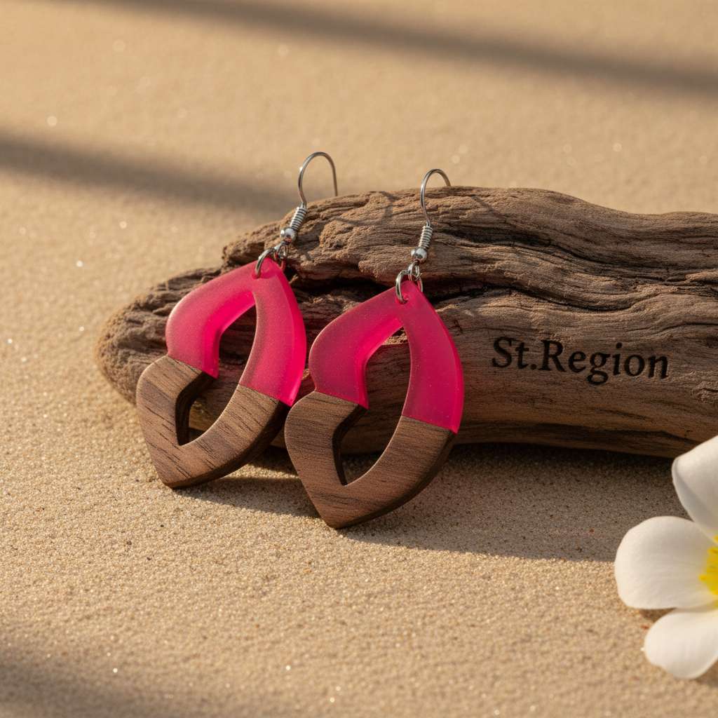 Rose Resin & Wood Silvertone Lips Hook Earrings - Street Region