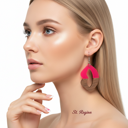 Rose Resin & Wood Silvertone Lips Hook Earrings - Street Region