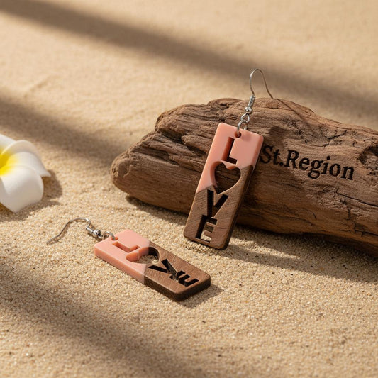 Pink Resin and Wood Silvertone 'Love' Hook Earrings, gold drop earrings for women, dainty minimalist design, front view