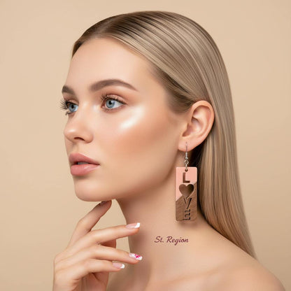Pink Resin and Wood Silvertone 'Love' Hook Earrings, silver drop earrings for women, dainty minimalist design, styled look