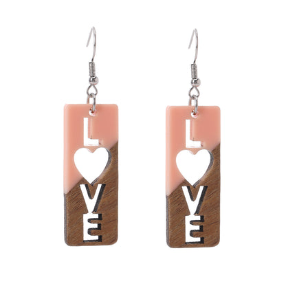 Pink Resin & Wood Silvertone 'Love' Hook Earrings - Street Region