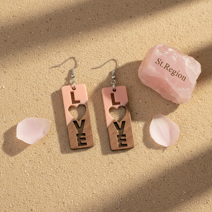 Pink Resin & Wood Silvertone 'Love' Hook Earrings - Street Region