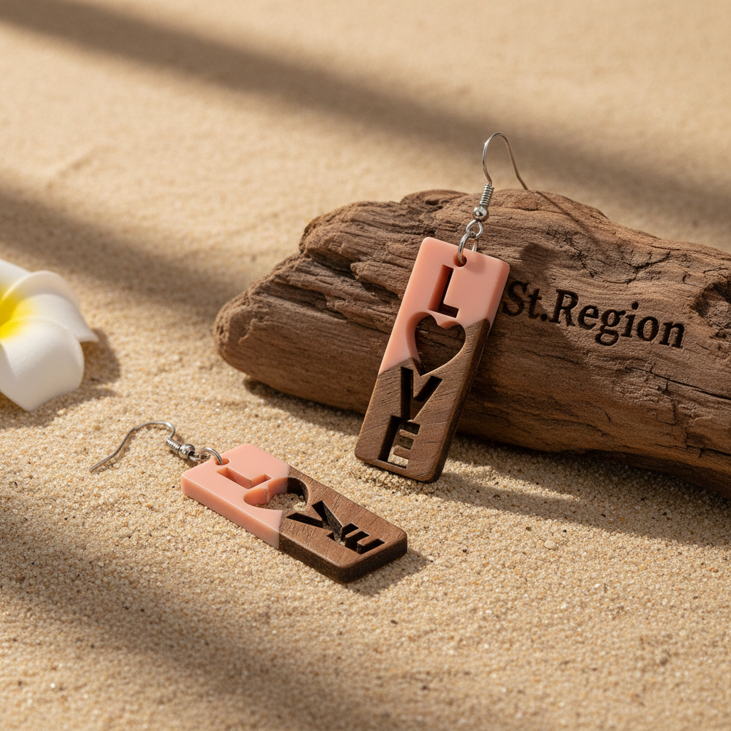 Pink Resin & Wood Silvertone 'Love' Hook Earrings - Street Region
