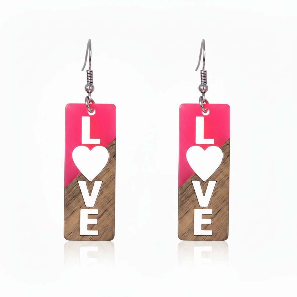 Rose Resin & Wood Silvertone 'Love' Hook Earrings - Street Region