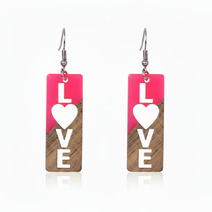 Rose Resin & Wood Silvertone 'Love' Hook Earrings - Street Region