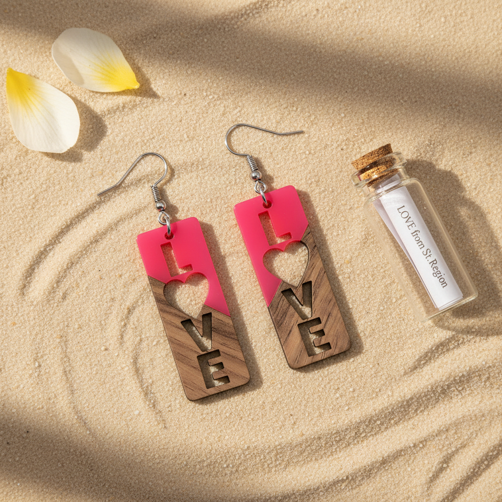 Rose Resin & Wood Silvertone 'Love' Hook Earrings - Street Region