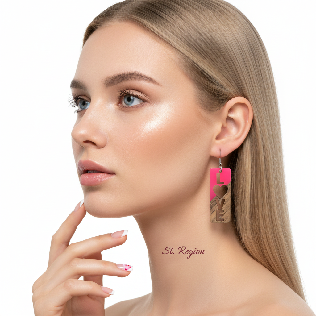 Rose Resin & Wood Silvertone 'Love' Hook Earrings - Street Region