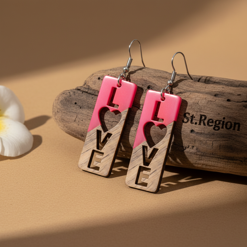 Rose Resin & Wood Silvertone 'Love' Hook Earrings - Street Region