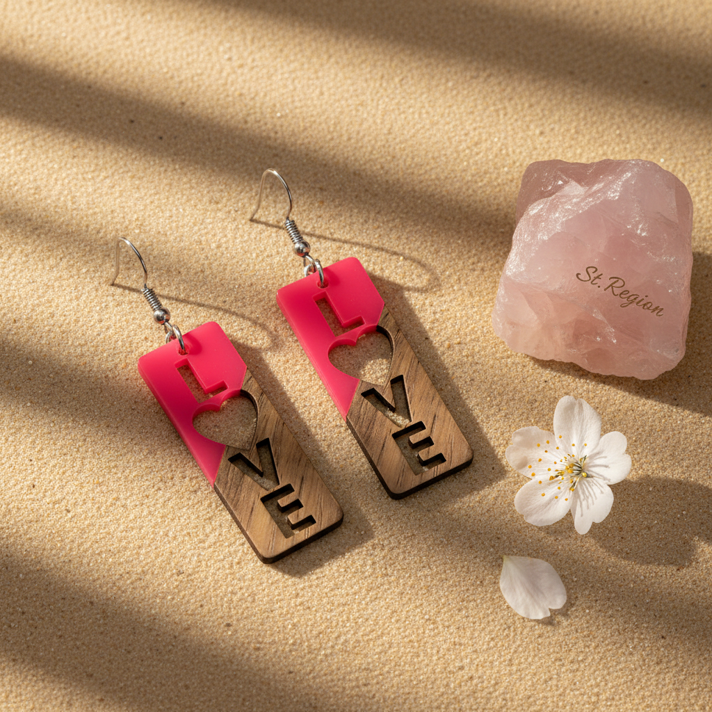 Rose Resin & Wood Silvertone 'Love' Hook Earrings - Street Region