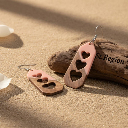 Pink Resin and Wood Silvertone Graduated Heart Hook Earrings, silver drop earrings for women, front view