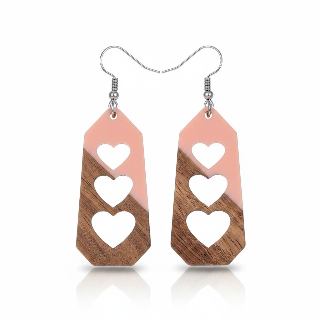 Pink Resin and Wood Silvertone Graduated Heart Hook Earrings, silver drop earrings for women, elegant gift for her, side view