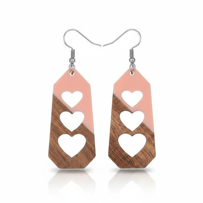 Pink Resin and Wood Silvertone Graduated Heart Hook Earrings, silver drop earrings for women, elegant gift for her, side view