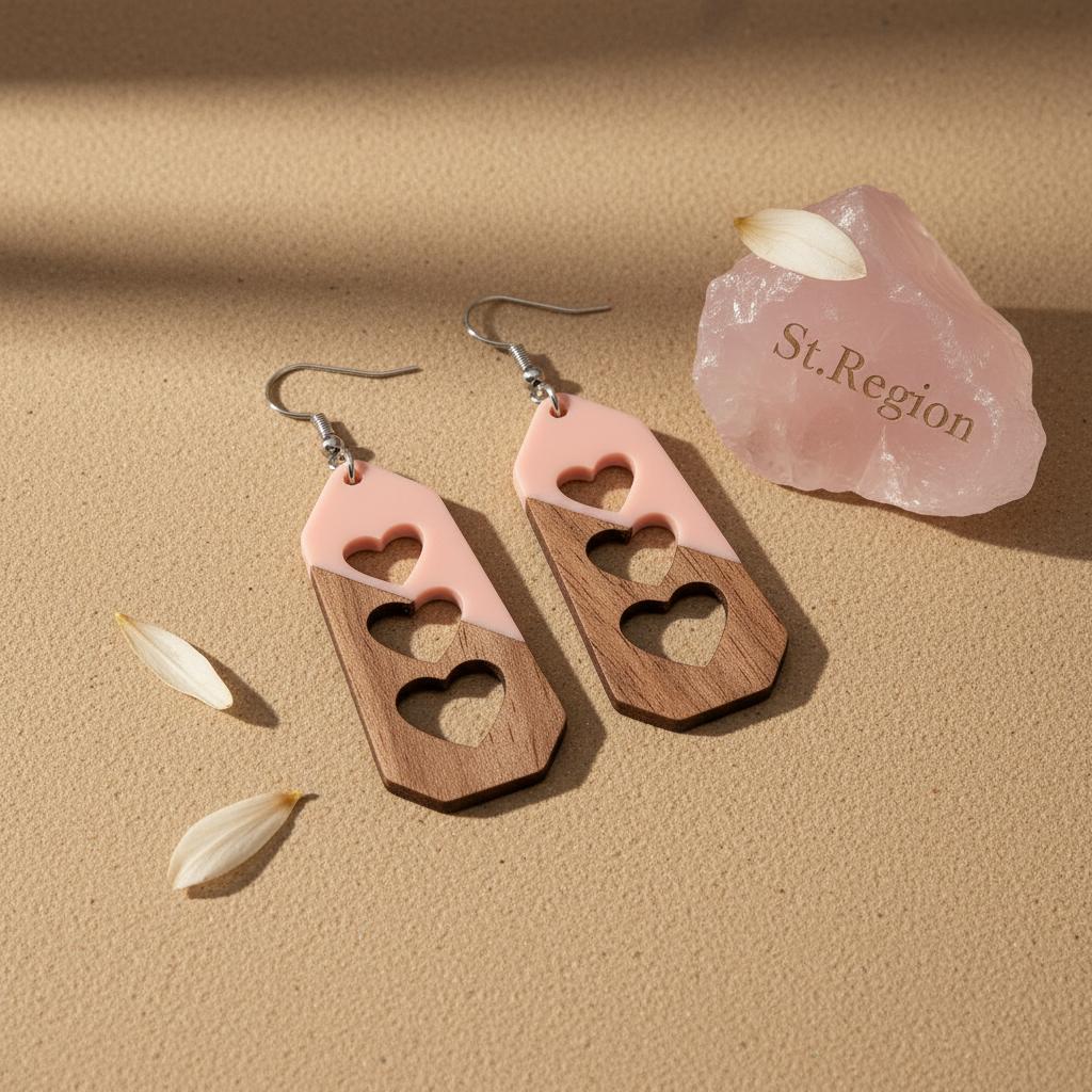 Pink Resin and Wood Silvertone Graduated Heart Hook Earrings, silver drop earrings for women, detail close-up