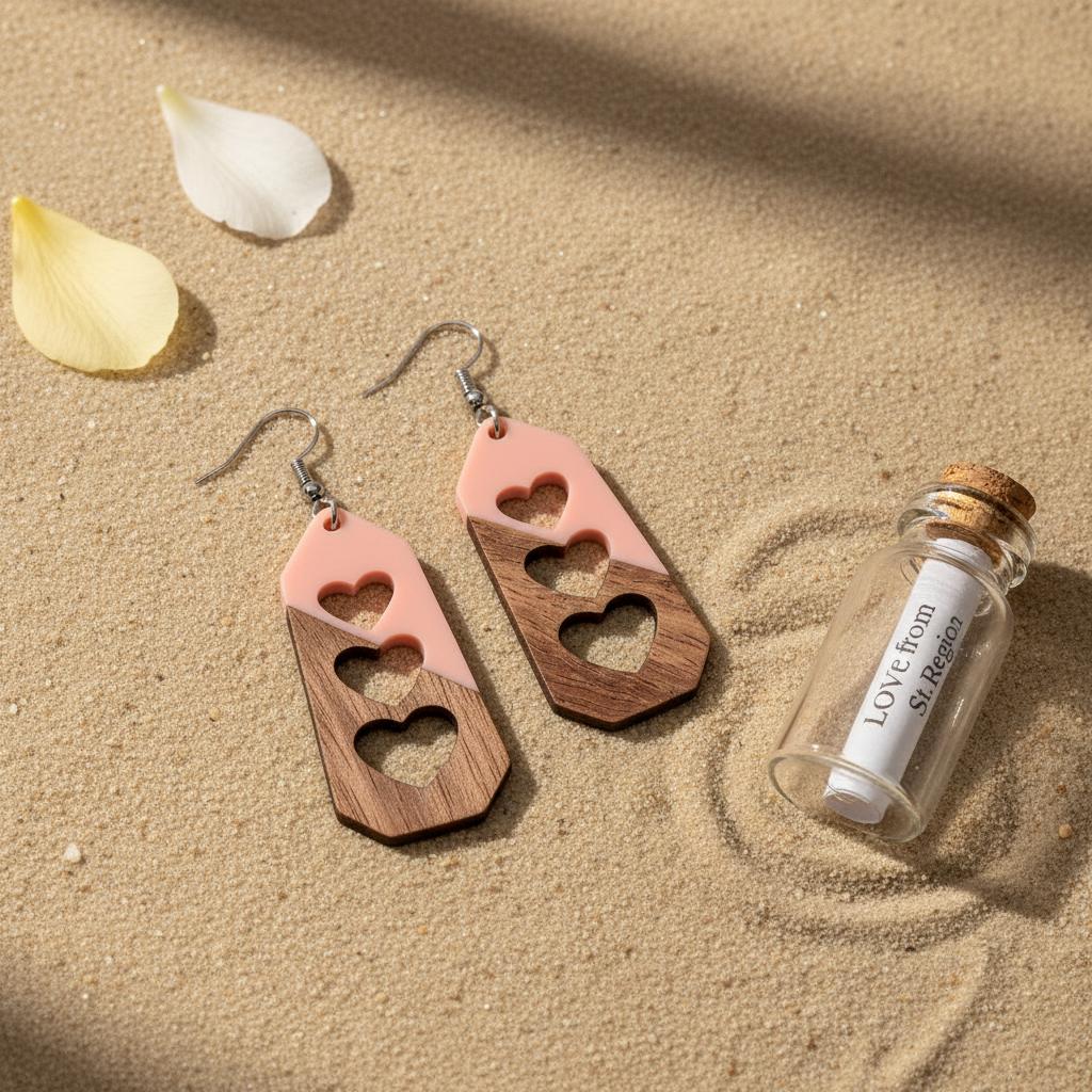 Pink Resin and Wood Silvertone Graduated Heart Hook Earrings, silver drop earrings for women, lifestyle look
